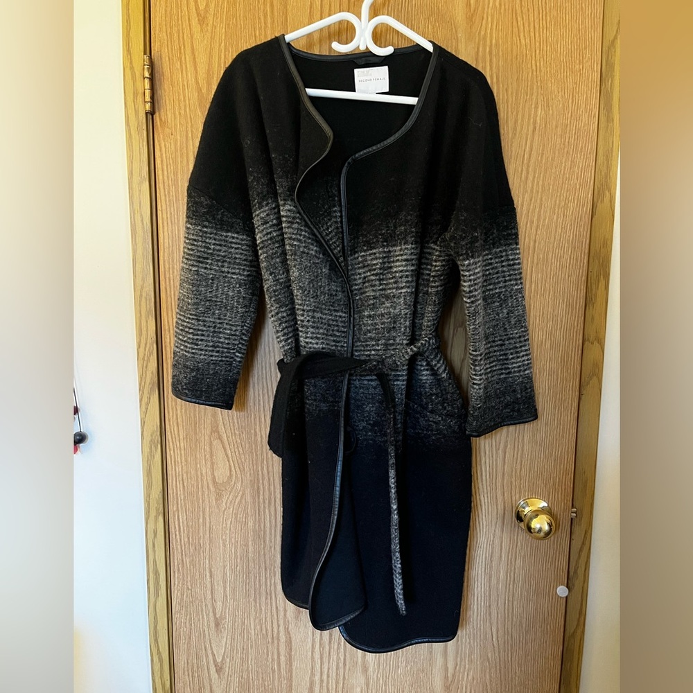 Wool Blend Black and Gray Belted Coat